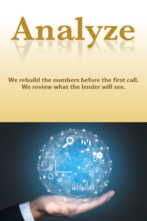 Analyze: We rebuild the numbers before the first call. We review what the lender will see.