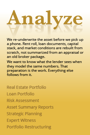 Analyze: We re-underwrite the asset before we pick up a phone. Rent roll, loan documents, capital stack, and market conditions are rebuilt from scratch, not summarized from an appraisal or an old broker package.
We want to know what the lender sees when they model the same numbers. That preparation is the work. Everything else follows from it.
