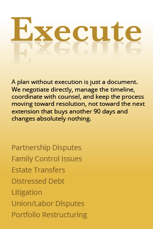A plan without execution is just a document. We negotiate directly, manage the timeline, coordinate with counsel, and keep the process moving toward resolution, not toward the next extension that buys another 90 days and changes absolutely nothing.