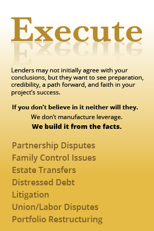 Execute, Lenders may not initially agree with your conclusions, but they want to see preparation, credibility, a path forward, and faith in your project’s success. If you don't beleve in it neither will they. We don't manufacture leverage, we builid it from the facts.
